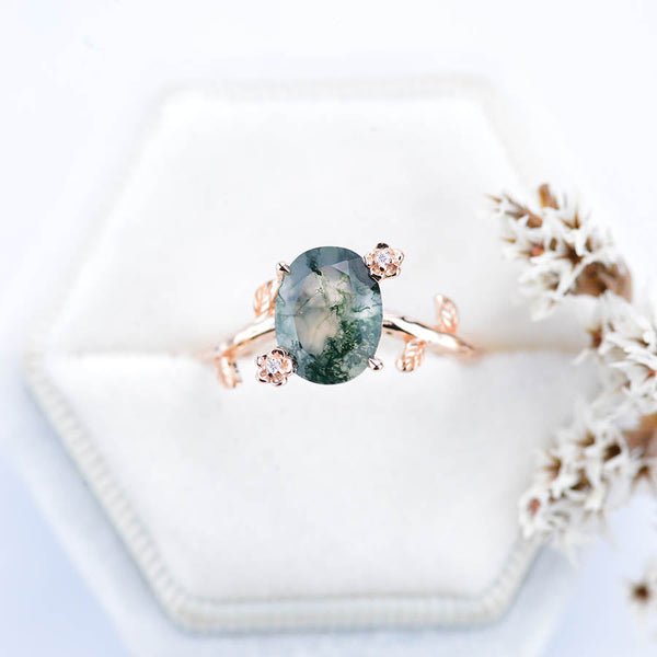 14K Rose Gold Dainty Natural Moss Agate Leaf Ring