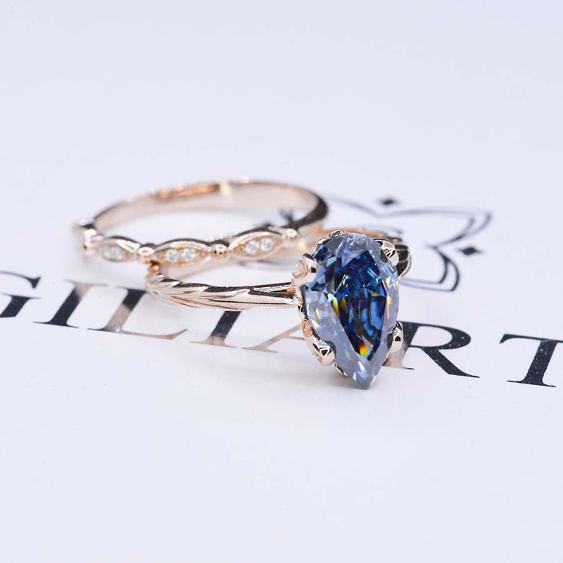 3 Carat Pear Shaped Dark Gray Blue Moissanite  Engagement Eternity Rose Gold Ring Set