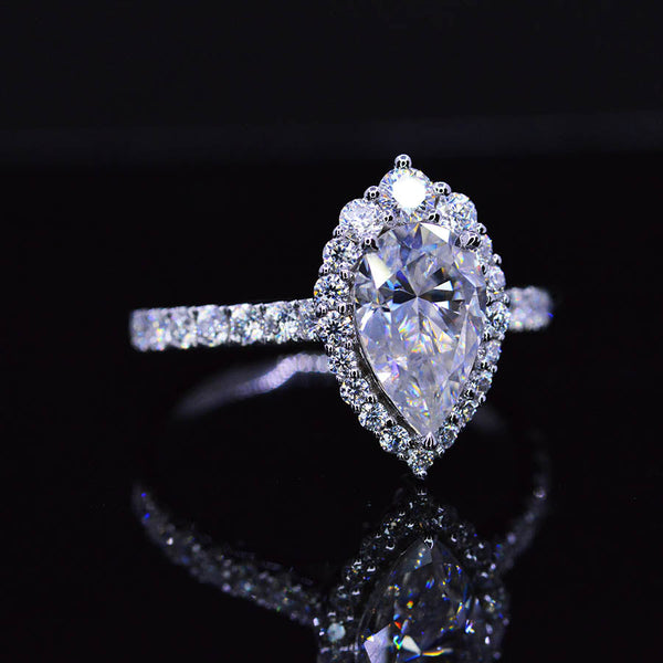 14K Solid White Gold 3 Carat Halo Pear Cut Moissanite Ring