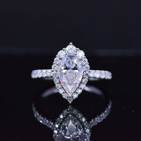 14K Solid White Gold 3 Carat Halo Pear Cut Moissanite Ring