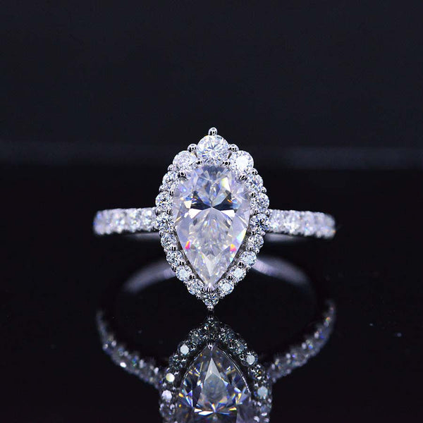 14K Solid White Gold 3 Carat Halo Pear Cut Moissanite Ring