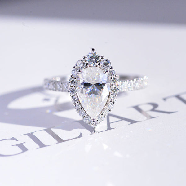 14K Solid White Gold 3 Carat Halo Pear Cut Moissanite Ring