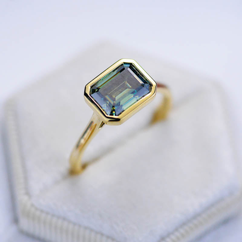 3 Carat Green Moissanite Engagement Ring, Bezel Set Emerald Cut Moissanite Engagement Ring, Moissanite Classic Engagement 14K Yellow Gold Ring