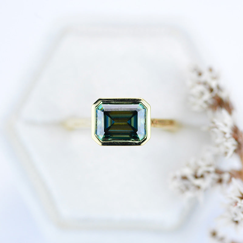 3 Carat Green Moissanite Engagement Ring, Bezel Set Emerald Cut Moissanite Engagement Ring, Moissanite Classic Engagement 14K Yellow Gold Ring3 Carat Green Moissanite Engagement Ring, Bezel Set Emerald Cut Moissanite Engagement Ring, Moissanite Classic Engagement 14K Yellow Gold Ring