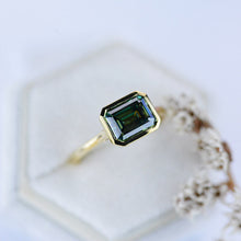 Load image into Gallery viewer, 3 Carat Green Moissanite Engagement Ring, Bezel Set Emerald Cut Moissanite Engagement Ring, Moissanite Classic Engagement 14K Yellow Gold Ring
