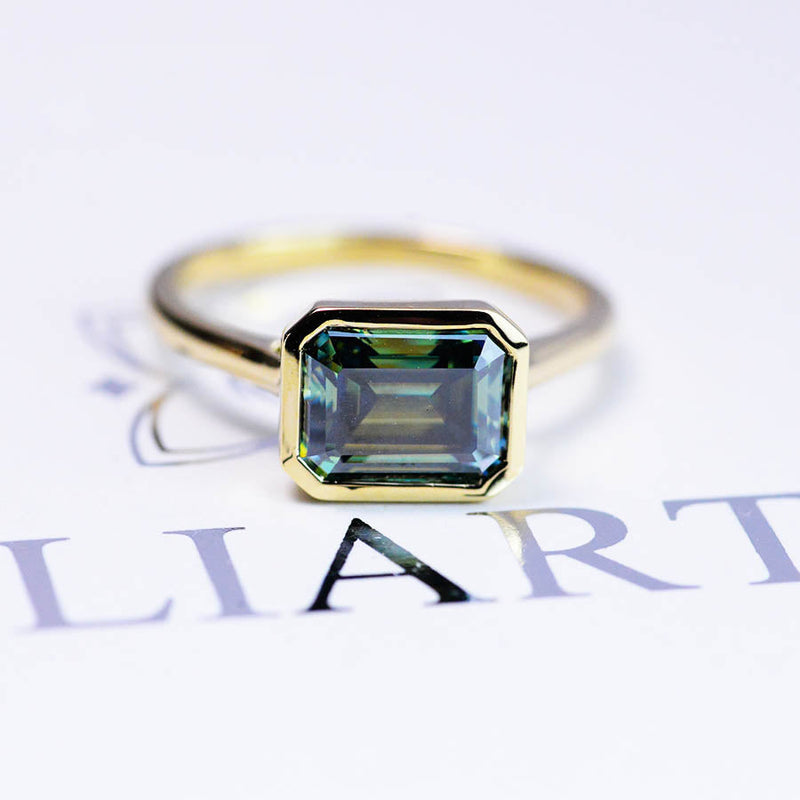 3 Carat Green Moissanite Engagement Ring, Bezel Set Emerald Cut Moissanite Engagement Ring, Moissanite Classic Engagement 14K Yellow Gold Ring