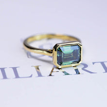 Load image into Gallery viewer, 3 Carat Green Moissanite Engagement Ring, Bezel Set Emerald Cut Moissanite Engagement Ring, Moissanite Classic Engagement 14K Yellow Gold Ring
