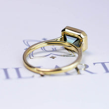 Load image into Gallery viewer, 3 Carat Green Moissanite Engagement Ring, Bezel Set Emerald Cut Moissanite Engagement Ring, Moissanite Classic Engagement 14K Yellow Gold Ring
