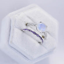 Load image into Gallery viewer, 2 Carat Genuine Moonstone 14K White Gold Engagement. Eternity Ring. Set of Two Rings. Opal Leaf Floral Ring Design, Two Ring Set
