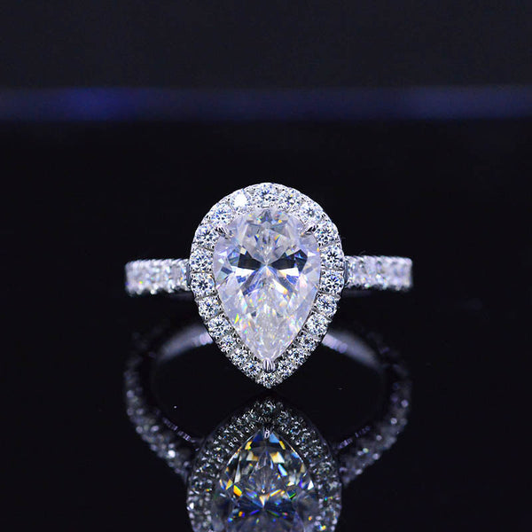 14K Solid White Gold 3 Carat Halo Pear Cut Moissanite Ring