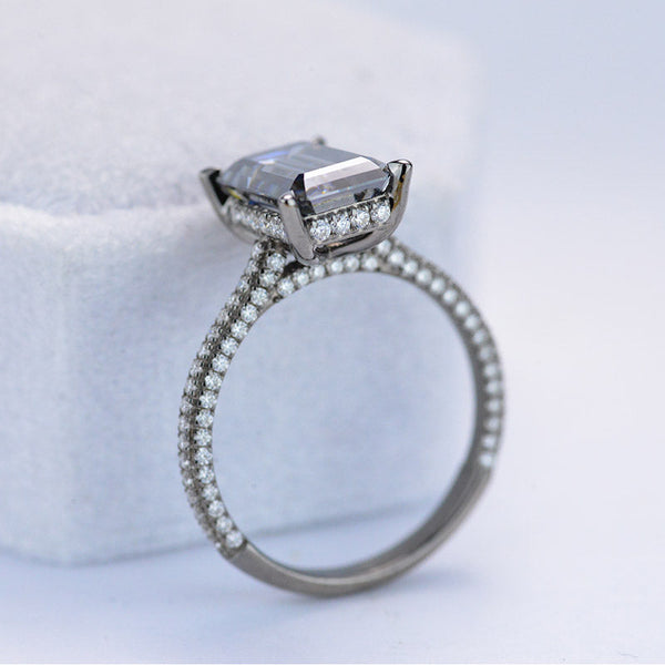 4ct Emerald Cut Dark Gray-Blue Moissanite Black Gold Engagement Ring