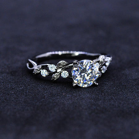Round Brilliant Cut Moissanite Floral Black Gold Engagement Ring