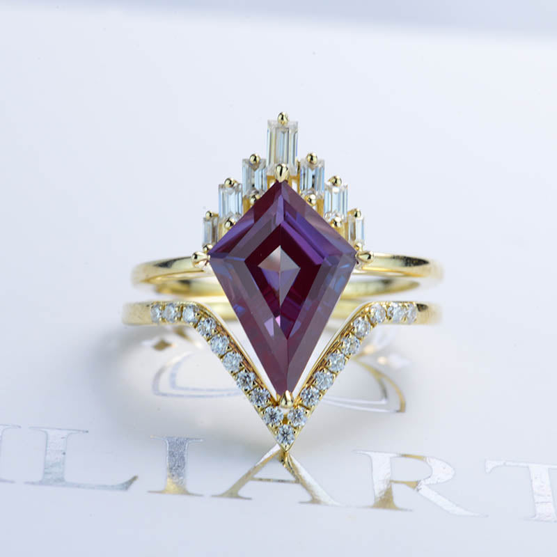 4 Carat Amethyst  Kite Shape Step Cut, Amethyst  Halo Gold Engagement Ring, Eternity Ring Set