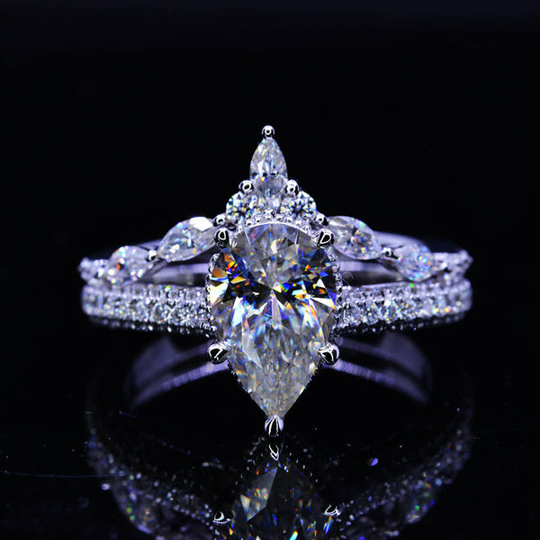 3Ct Pear Moissanite Engagement Ring Set, 3 Carat Pear Cut Moissanite Engagement Ring Eternity Band Set