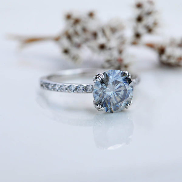 2 Carat Dark Gray Grey Blue  Moissanite Stone with Accent Stones 14K White Gold Ring