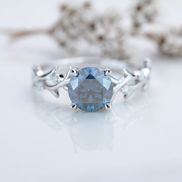 2 Carat Round Dark Grey-Blue Moissanite Floral Twig Design White Gold Ring