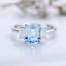 Load image into Gallery viewer, 2Ct Emerald cut Aquamarine ring, Aquamarine three stone ring, natural aquamarine and moissanite ring, genuine aquamarine emerald cut ring

