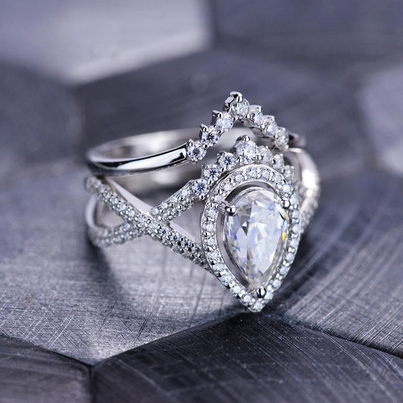14K White Gold 1.5 Carat Pear Moissanite Halo Twisted Engagement Ring Eternity Ring Set