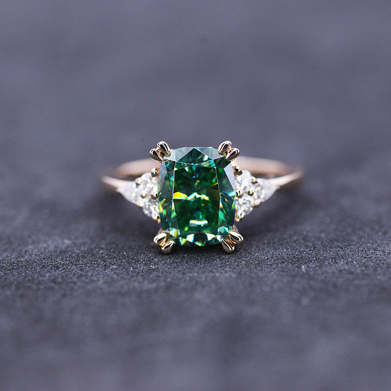 2.5Ct Cushion Green Moissanite Vintage Engagement Ring, Cushion Moissanite Engagement Ring, Marquise Side Accents Stones 14K Rose Gold Ring