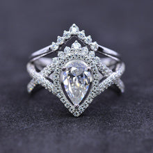 Load image into Gallery viewer, 14K White Gold 1 Carat Pear Moissanite Halo Twisted Engagement Ring Eternity Ring Set

