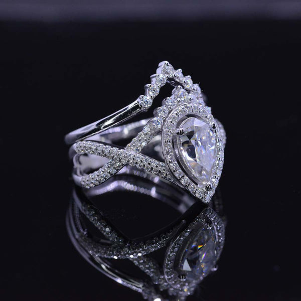 14K White Gold 1 Carat Pear Moissanite Halo Twisted Engagement Ring Eternity Ring Set