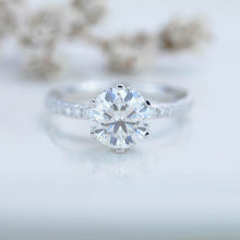 Load image into Gallery viewer, 2 Carat Round Moissanite Hidden Halo Engagement Ring, Four Prongs Moissanite Ring, Victorian 14K White Gold Ring
