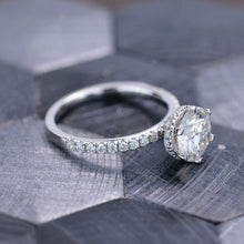 Load image into Gallery viewer, 2 Carat Round Moissanite Hidden Halo Engagement Ring, Four Prongs Moissanite Ring, Victorian 14K White Gold Ring
