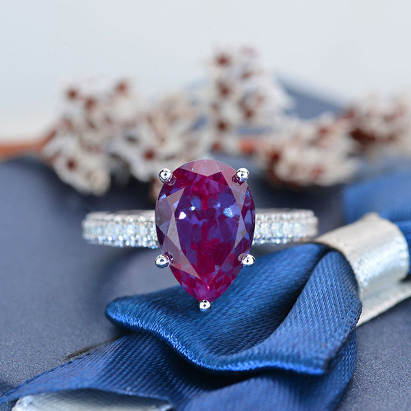 4 Carat Pear Cut Alexandrite Hidden Halo Gold Engagement Ring