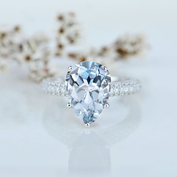 4 Carat Pear Cut Aquamarine Hidden Halo Gold Engagement Ring