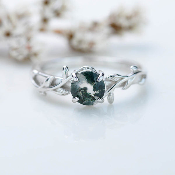 Genuine Moss Agate Twig Floral White Gold Engagement  Ring