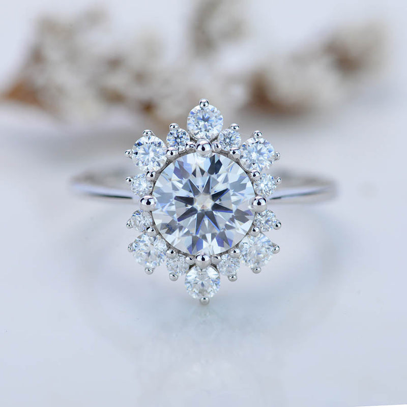 Snowflake Moissanite Ring/2.0ct Round Cut Moissanite Halo Ring/Solid 14K White Gold Ring