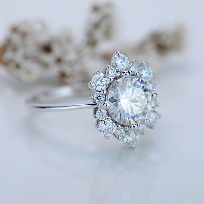 Snowflake Moissanite Ring/2.0ct Round Cut Moissanite Halo Ring/Solid 14K White Gold Ring