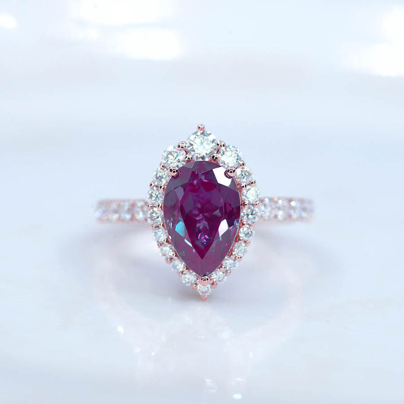 14K Solid White Gold 3 Carat Alexandrite Pear Cut Halo  Moissanite Ring