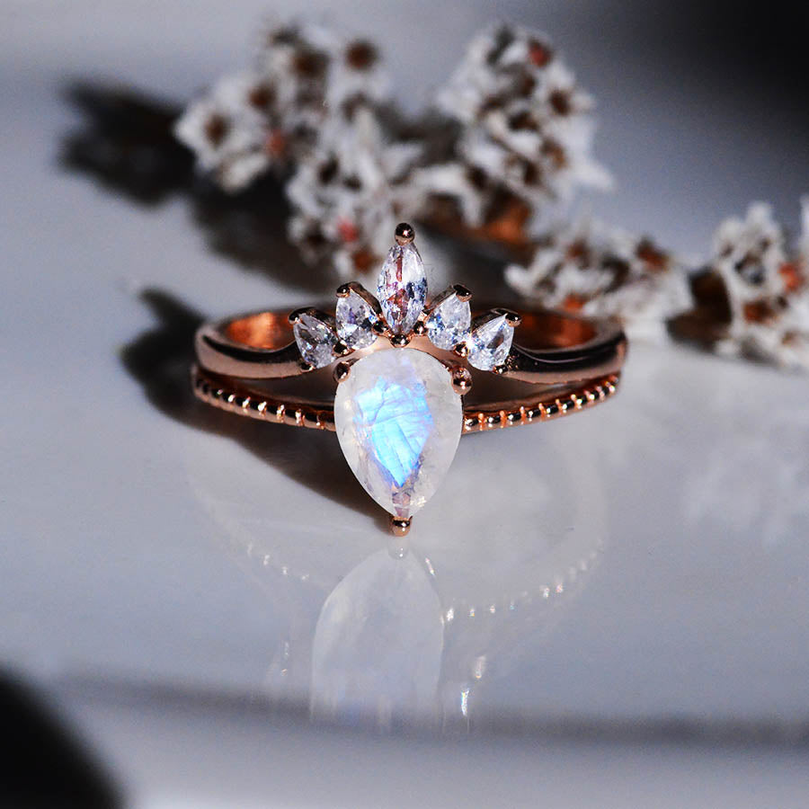 Genuine Pear Cut Moonstone Ring- Two Ring Set
