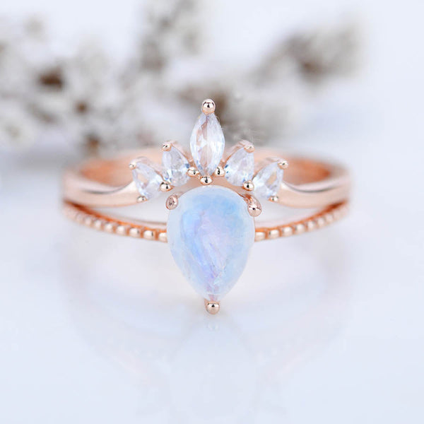 Pear Cut Moonstone Engagement Rose Gold Ring Set