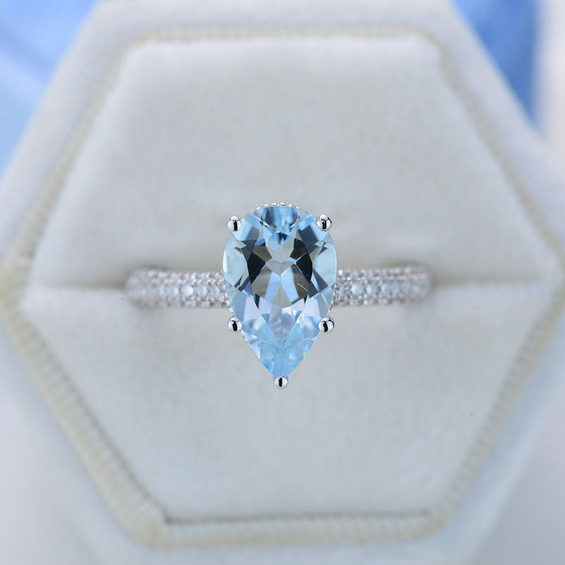 4 Carat Pear Cut Aquamarine Hidden Halo Gold Engagement Ring