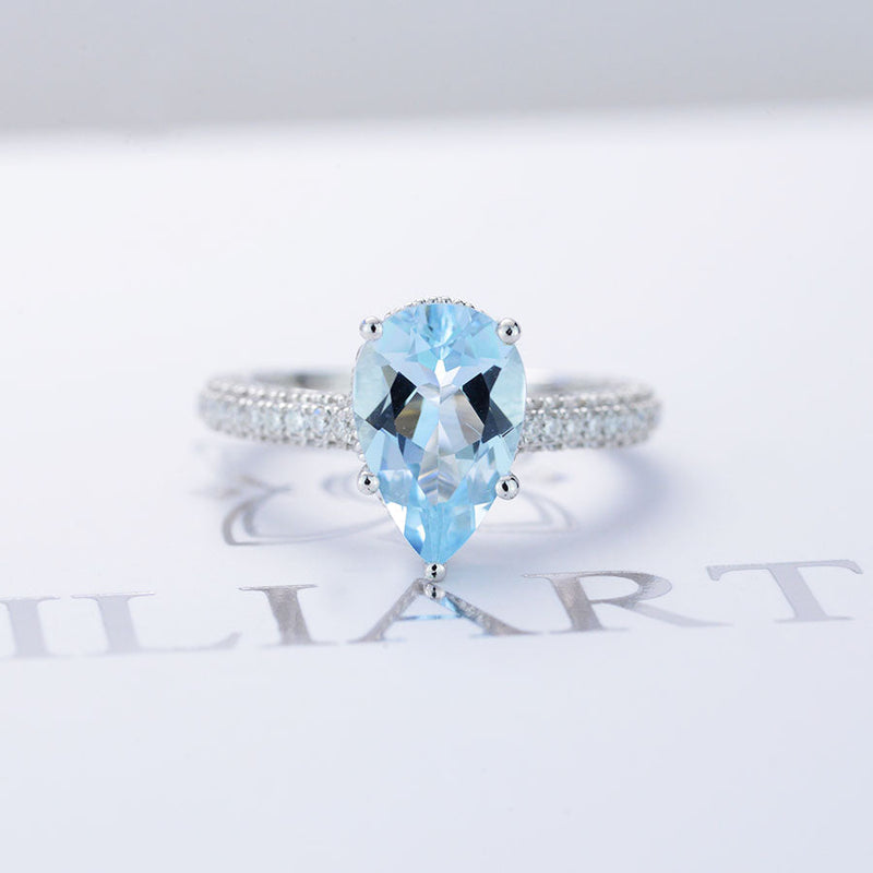 4 Carat Pear Cut Aquamarine Hidden Halo Gold Engagement Ring