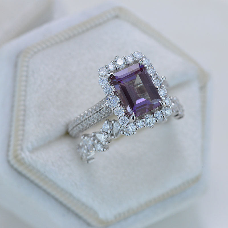 3Ct Alexandrite Engagement Ring Halo Emerald Cut Alexandrite Engagement Ring, 9x7mm Step Cut Alexandrite Engagement Ring with Eternity Band