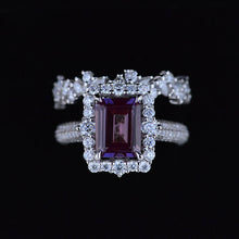 Load image into Gallery viewer, 3Ct Alexandrite Engagement Ring Halo Emerald Cut Alexandrite Engagement Ring, 9x7mm Step Cut Alexandrite Engagement Ring with Eternity Band
