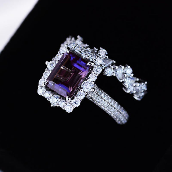 3Ct Alexandrite Engagement Ring Halo Emerald Cut Alexandrite Engagement Ring, 9x7mm Step Cut Alexandrite Engagement Ring with Eternity Band