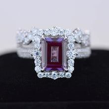 Load image into Gallery viewer, 3Ct Alexandrite Engagement Ring Halo Emerald Cut Alexandrite Engagement Ring, 9x7mm Step Cut Alexandrite Engagement Ring with Eternity Band
