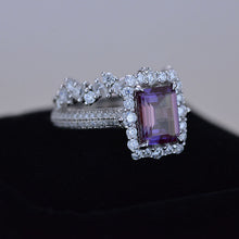 Load image into Gallery viewer, 3Ct Alexandrite Engagement Ring Halo Emerald Cut Alexandrite Engagement Ring, 9x7mm Step Cut Alexandrite Engagement Ring with Eternity Band
