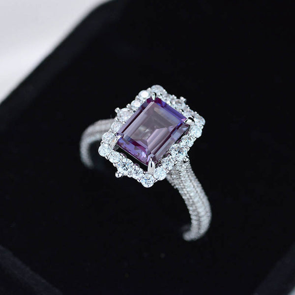 3Ct Alexandrite Engagement Ring Halo Emerald Step Cut Alexandrite  Engagement Ring