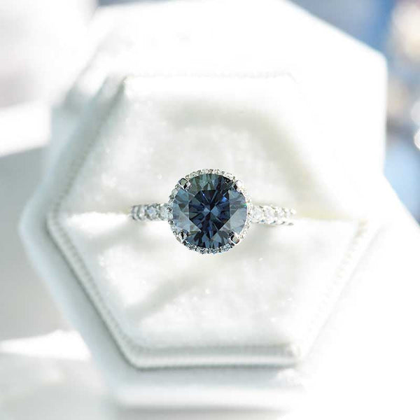 3 Carat Round Dark Grey Gray Blue Giliarto Moissanite Halo Gold Engagement Ring