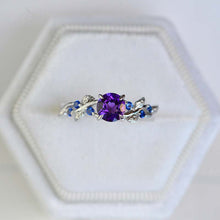 Load image into Gallery viewer, 7mm Round Amethyst Sapphire  Floral  White Gold Engagement  Ring
