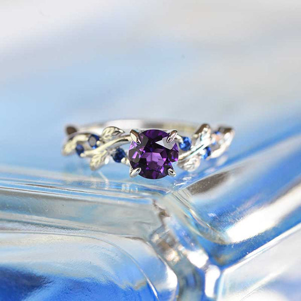 7mm Round Amethyst Sapphire  Floral  White Gold Engagement  Ring