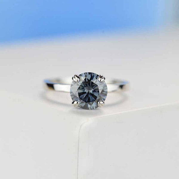 2 Carat Dark Gray Blue Moissanite Four  Prongs Engagement Ring