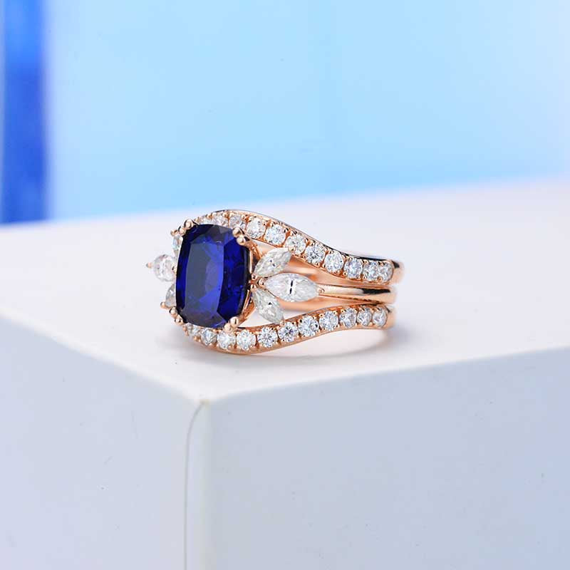 2Ct Cushion Cut Sapphire Vintage Engagement Ring, Cushion Sapphire Engagement Ring, Marquise Side Accents Stones 14K Rose Gold Ring Set