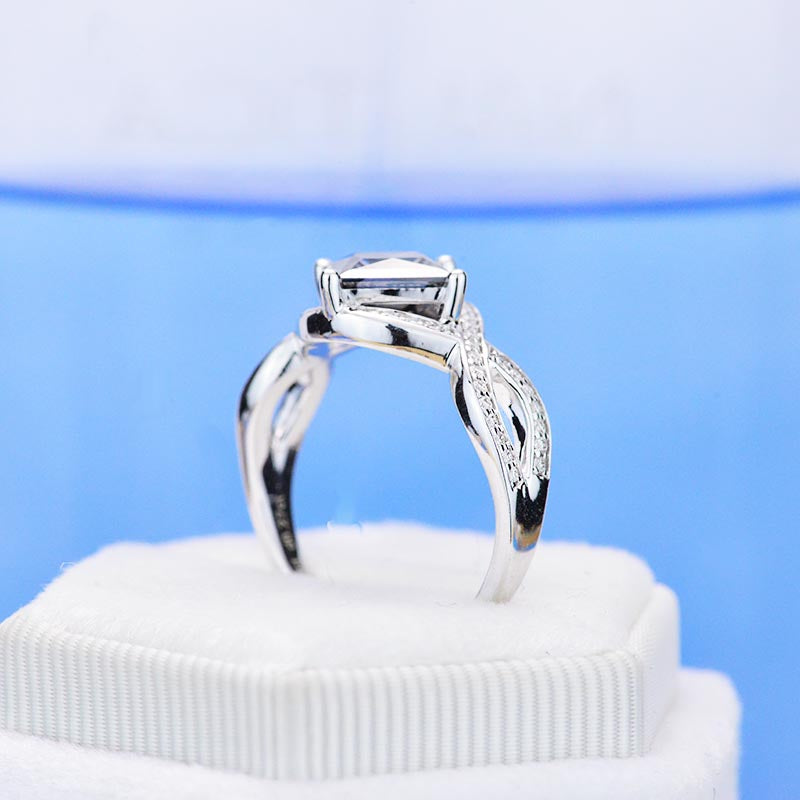 2 Carat Dark  Grey Gray  Blue Princess Cut Moissanite Stone 14K White Gold Ring