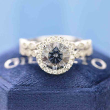 Load image into Gallery viewer, 2 Carat Dark Gray-Blue Moissanite Halo  Engagement Eternity Two Rings Set
